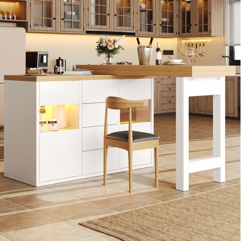 Isola cucina girevole a 360 gradi 120-197x40x73.8 cm, piano allungabile, LED RGB controllata da app, MDF e metallo, bianco (1/5)