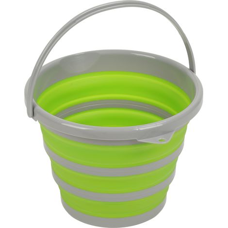 Seau pliable avec poignée de transport, facile à suspendre, en silicone vert, pour voiture et camping, grand format. (1/5)