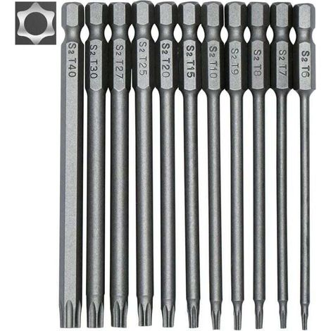 Jeu 11 Embouts Longs Torx Tournevis Visseuse Électrique Magnétiques Tige Hexagonale 1/4" Tailles T6 à T40 Longueur 100 mm- (1/4)