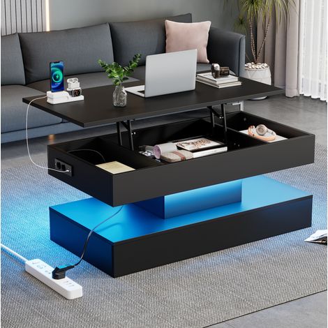Table basse relevable 100x50x42 cm noire en panneau de particules avec LED, rangement caché et prises EU (1/5)