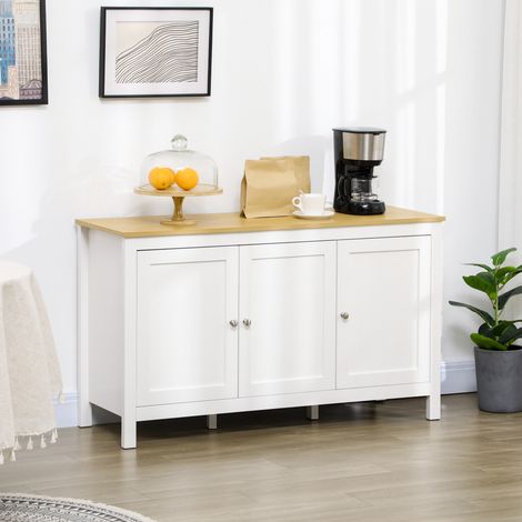 Buffet-Schrank mit 3 Türen, 2 verstellbaren Einlegeböden, heller Holzoptik-Platte, 120 x 40 x 70 cm, weiß