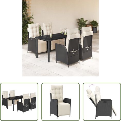 Gartentisch - 5-tlg. Garten-Essgruppe mit Kissen Schwarz Poly Rattan (1/5)