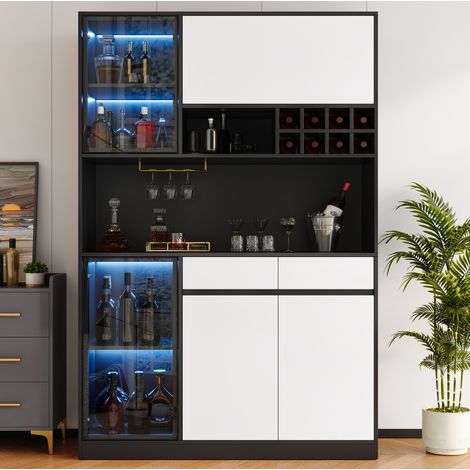 Vitrina alta multifunción con LED, botellero y puertas de cristal 120x35x180 cm (1/5)