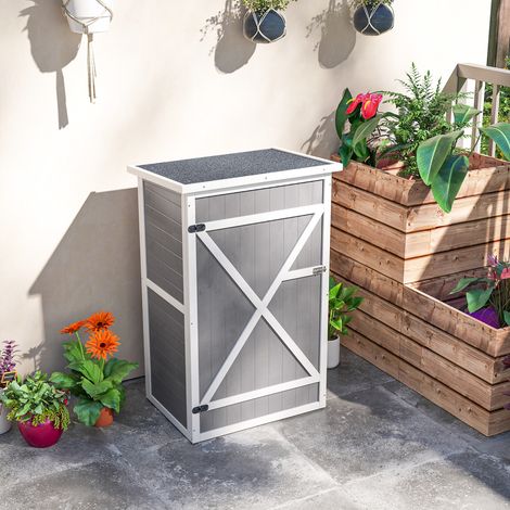 Abri extérieur gris en bois 115x75x56 cm, double étagère, toit imperméable étanche, rangement jardin