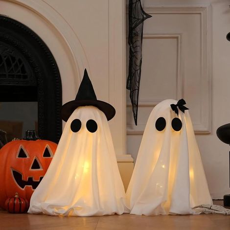 Halloween Deko Geister avec guirlande lumineuse, 2 pièces Leuchtend Geister Deko avec Hexenhut (1/5)