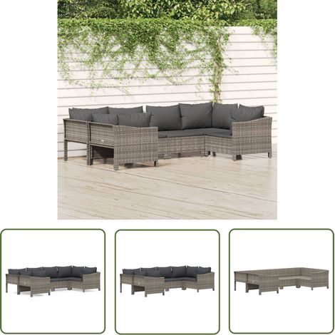 The Living Store Salon de jardin 6 pcs avec coussins Gris Résine tressée - Salon De Jardin - Mobilier De Jardin - Ensemble Salon Extérieur - Meubles De Jardin - Set Salon (1/5)