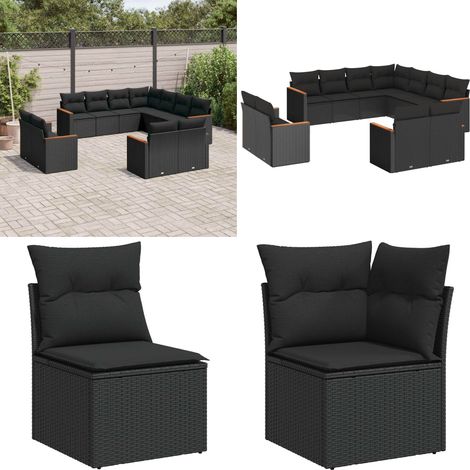 11-tlg. Garten-Sofagarnitur mit Kissen Schwarz Poly Rattan - Gartensortiment - Esszimmergarnituren - Lounge Set - Outdoor Furniture - Gartenlounge - Home & Living (1/5)