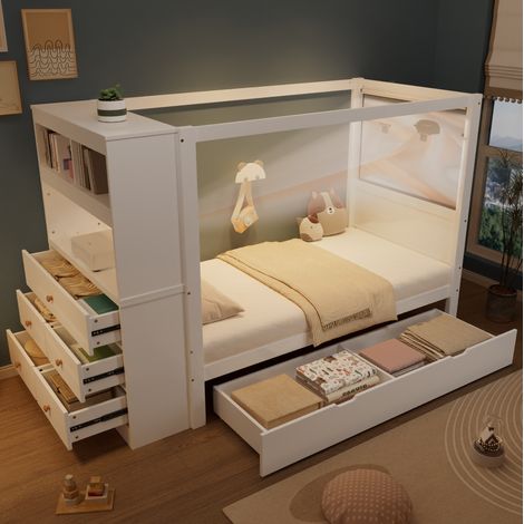 Kinderbett 90/200 cm weiß aus Kiefer und MDF mit Stauraum und Fallschutz (1/5)