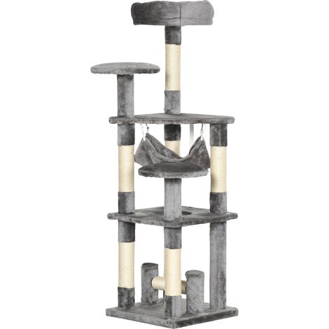 Arbre à chat à 4 niveaux avec hamac, plateformes en peluche sisal naturel, hauteur 132 cm, gris