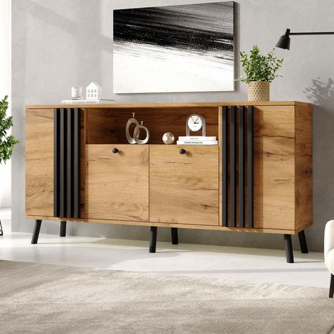 Credenza 140 x 35 x 71 cm - mobiletto basso con 4 ante, 6 gambe in legno massello - stile moderno - MDF - nero (1/5)