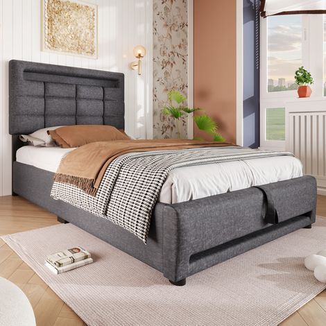 letto contenitore 90x200 USB LED APP lino grigio smart HAVRYA (1/5)
