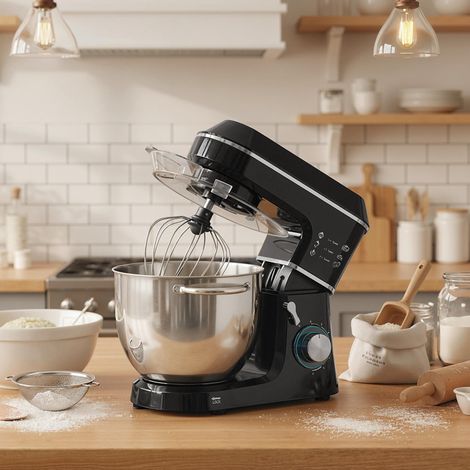 Batidora planetaria de 1400 W con bol de 7 L y 6 velocidades, gancho amasador, varillas y batidor, color negro. (1/5)