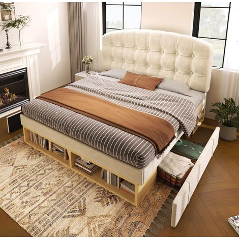 Letto imbottito singolo moderno 90x200 cm in velluto beige con testiera regolabile, rete a doghe, cassetti e vani contenitore