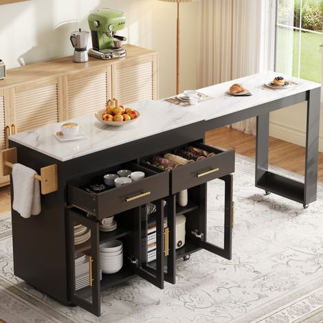 Meuble bar Îlot de cuisine mobile extensible 132,5-217x50x93 cm avec rangements, tiroirs, portes vitrées, MDF noir (1/5)