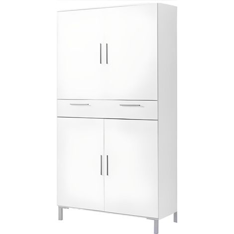 Armoire placard de rangement de 4 portes + 1 tiroir coloris blanc - Longueur 82 x profondeur 35 x hauteur 188 cm -PEGANE-