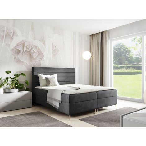 Sofello Boxspringbett DAKOTA 140 x 200cm 2x Bettkasten TOPPER 5cm Gratis Grau Velour hohe goldene Beine (1/5)