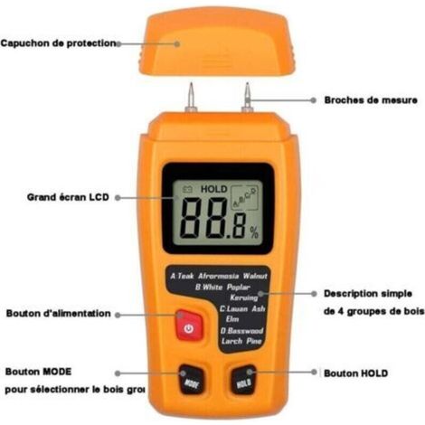 Testeur d'humidité du bois portable testeur d'humidité LCD pour détecteur d'humidité du bois pour la mesure de l'humidité du papier de bois de chauffage (1/4)