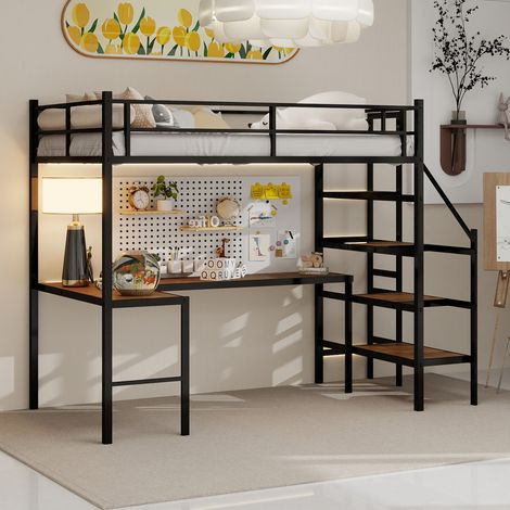 lit adulte bureau rangement escalier métal noir OKMYHOME (1/5)