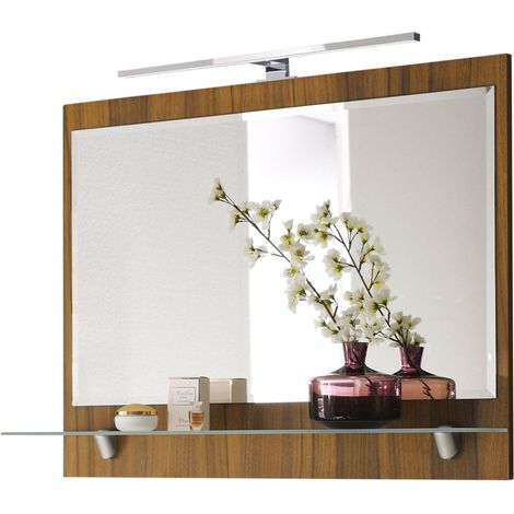 Spiegel 90cm Walnuss Nb. RIMAO-100 mit LED, verchromte Lampe, B x H x T: ca. 90 x 68 x 20 cm (1/3)
