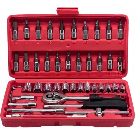 Jeu d'outils 46 pièces — Clé à cliquet — Douilles métriques et embouts de tournevis — Adapté aux voitures, motos et vélos — Rouge (1/5)
