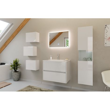 Badmöbel Set Taifun 4tlg. 70cm mit LED Spiegel 3er Boxen und Hochschrank weiß Hgl