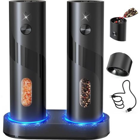 Moulin électrique rechargeable au sel et au poivre Set Top-Refill Moulin à poivre automatique avec base de charge, grosseur réglable, remplissage facile plus grande capacité avec LED pour la cuisine à (1/5)