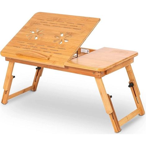 Table de Lit Pliable, en Bambou, Table pour Ordinateur Portable, Hauteur Réglable, avec Tiroir, Dimensions 663530cm (1/5)