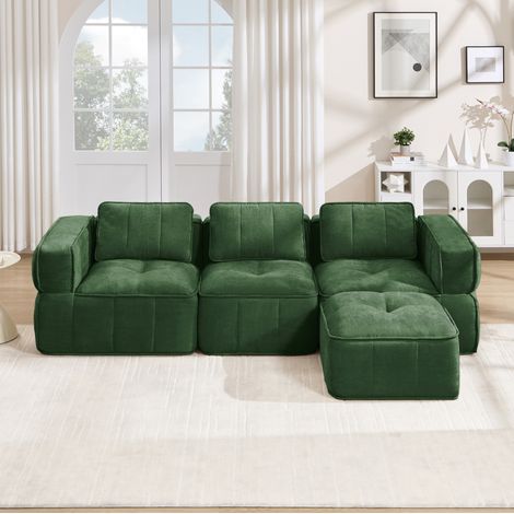 Divano angolare modulare 3 posti con 1 pouf, senza telaio, poliestere, verde HAVRYA (1/5)