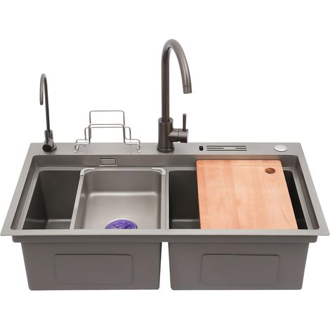 Évier de cuisine, 82 x 64 cm, double cuve, en acier inoxydable, avec robinet, à encastrer ou à poser, livré avec une planche à découper et des fixations, gris (1/5)