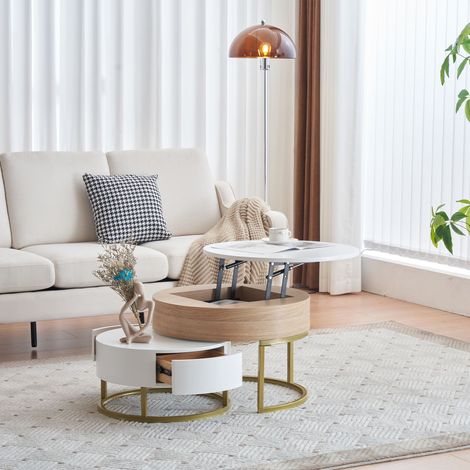 Ensemble de 2 tables basses dorées avec plateau relevable et 2 tiroirs, design style contemporain et fonctionnel (1/5)