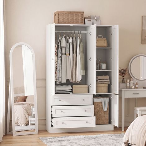 Armoire Chambre Penderie avec 4 Portes, 3 Tiroirs, Barre de Suspension et Étagère Réglable, 120 x 50 x 176,5 cm, Blanc (1/5)