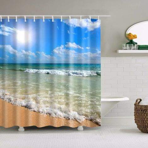 Rideau de douche à motif coquillages, étoiles de mer, conques, palmiers bleus et coucher de soleil, décor de salle de bain, 240 x 180 cm (94 x 70 pouces), 240 x 180 cm (94 x 70 pouces)