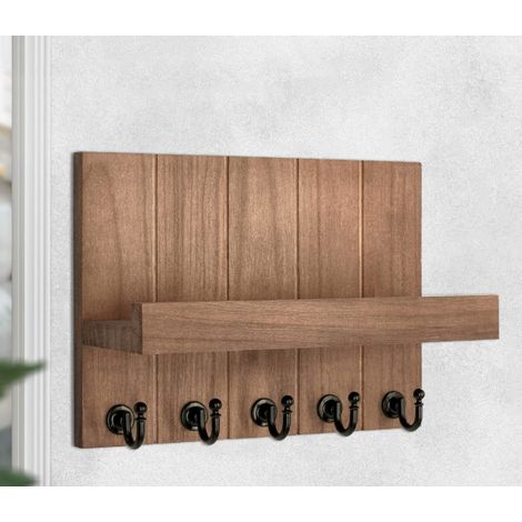 Porte-clés en bois avec étagère, porte-clés avec 5 crochets pour clés, étagère murale décorative en bois, pour entrée, porte d'entrée, couloir, chambre à coucher, 25,5 x 9 x 18,5 cm