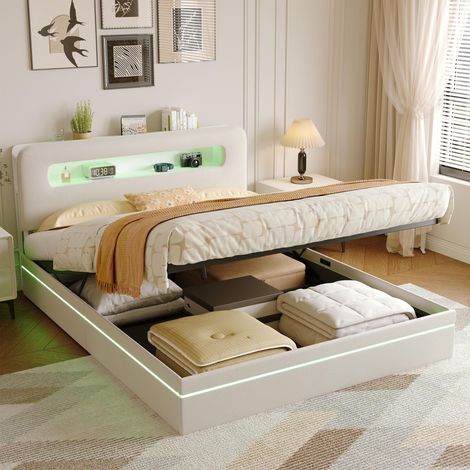 Lit Coffre 140x200 cm - Sommier Hydraulique - Éclairage LED Périmétrique - Velours, Beige