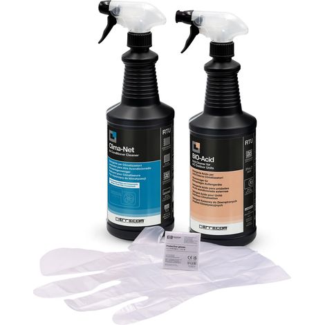 ERRECOM Kit Pulizia climatizzatori, Include Clima-Net 1L per Pulizia unità Interna e filtri, Bio Acid 1L detergente Acido con tensioattivi biodegradabili per Pulizia unità Esterna, Guanti (1/5)
