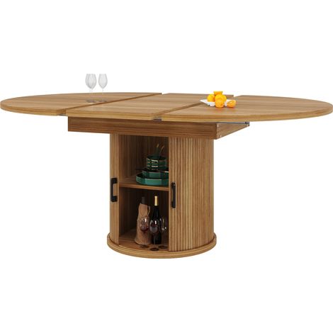 Table à Manger Extensible Ronde à Ovale 118 à 158 x 118 cm avec Rangement 2 Niveaux et 6 Pieds Réglables Noyer