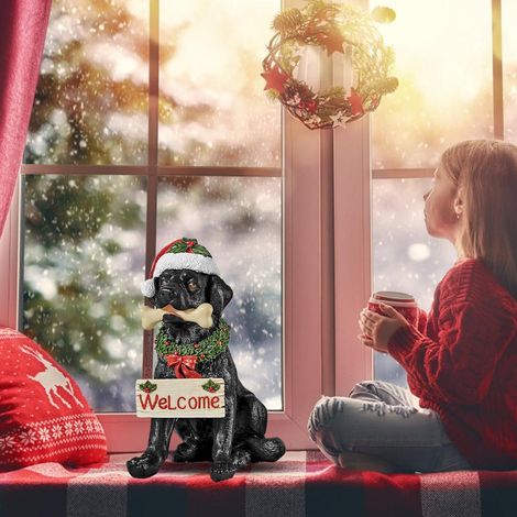 Décoration Labrador noir avec bonnet de Père Noël, statue de chien de garde de Noël, artisanat en résine pour portes, placards et porches (1/5)