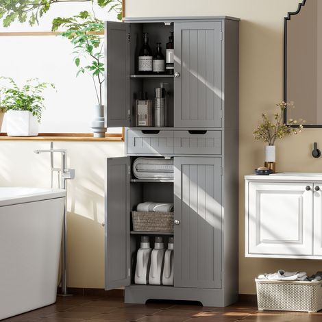 Meuble de salle de bain - HOMCOM - tiroir, placard à portes, étagère réglable - 60 x 30 x 160 cm - gris