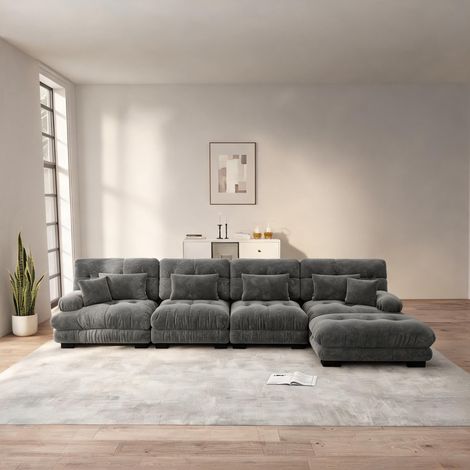 Canapé d'angle réversible en chenille grise 4 places avec pouf (1/5)