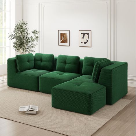 Canapé d'angle modulable vert en velours côtelé avec ottomane, sans montage (1/5)