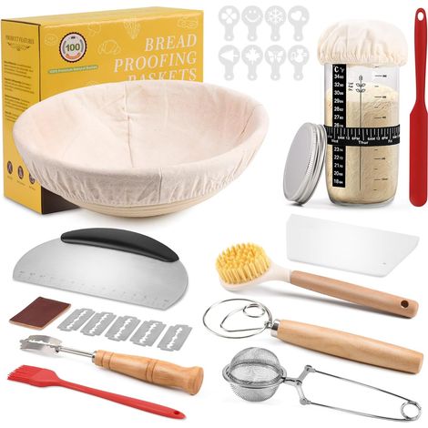 Juego de banneton redondo de 23 cm, 11 piezas, accesorio para hacer pan, kit de panadería profesional de ratán natural, kit de pan de masa madre para principiantes y panaderos experimentados. (1/5)