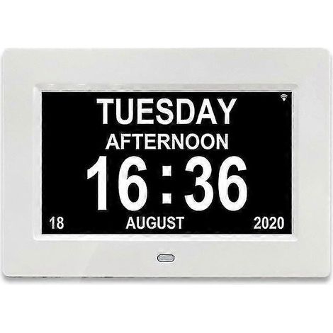 Horloge Alzheimer - Horloge calendrier numérique LCD 7 pouces avec date, jour et heure pour les personnes âgées (blanche) (1/5)