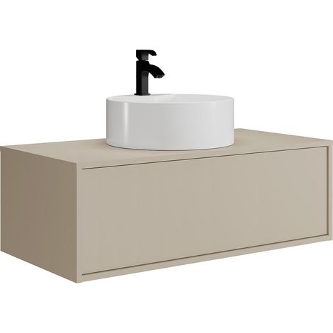 Meuble de salle de bain suspendu beige avec simple vasque ronde - 94 cm - TEANA II (1/4)