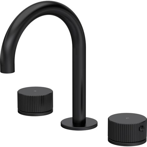 Ashenhurst Contemporary 3 Tap Hole Basin Mixer Tap with Curved Spout and Fluted Handles, Matt Black (1/2)