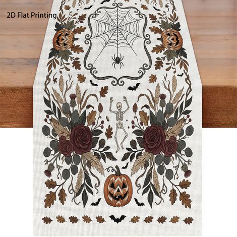Chemin de table Halloween en polyester avec motif crâne et chauve-souris - Nappe pour salon, cuisine ou table basse - 180 x 30 cm (Polyester) - Lot de 10