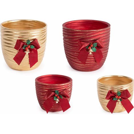 Vasi di Natale in ceramica con decoro agrifoglio, fiocco rosso e campanella dorata, set da 2 pezzi, Grande: Ø 15 cm x 13,5 H