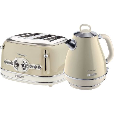 Ariete ARPK19 Retro Style Jug Kettle and 4 Slice Toaster Set, Vintage Design, Beige