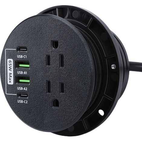 Prise encastrable 2 prises AC et 4 ports USB 65W USB C charge rapide, montage affleurant pour bureau et table, trou 76,2 mm, fiche US (1/5)