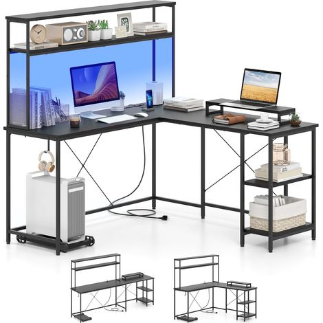 COSTWAY Scrivania per Computer a Forma di L, Tavolo da Gioco con Scaffale Regolabile, Gancio, Supporto per CPU, Striscia LED, Telecomando e Prese di Corrente, Desk per Studiare e Lavorare (Nero)