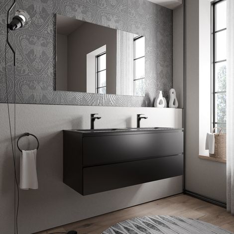 BERNSTEIN - Grand meuble vasque de salle de bain MDF Noir mat avec lavabo fonte minérale Noir mat - 120x45,6x50cm - AVA CREAM - Noir mat, Noir mat avec trou pour robinetterie